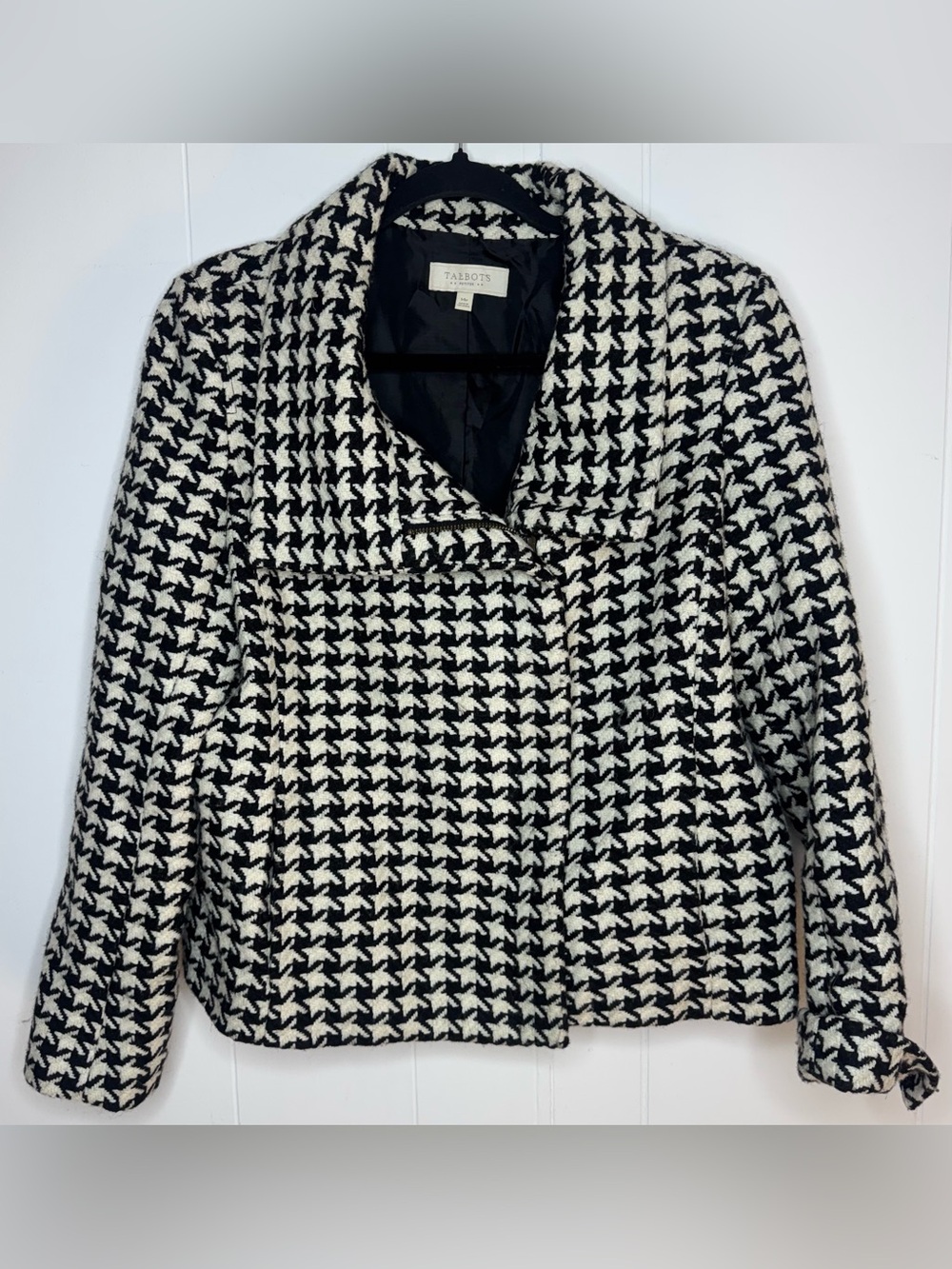 Talbots Wool Blend Lined Houndstooth Pea Coat Womens Size 14 P